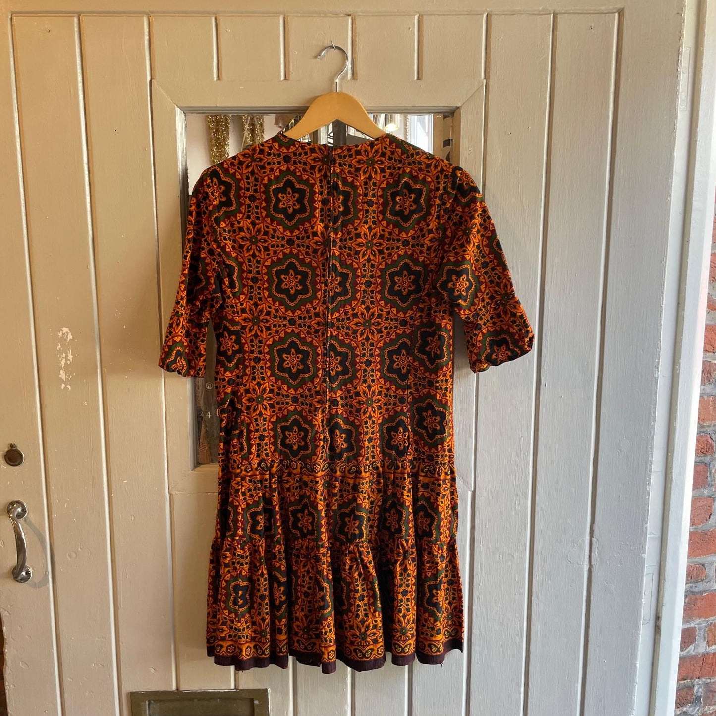 1970s Orange Floral Print Mid Length Dress