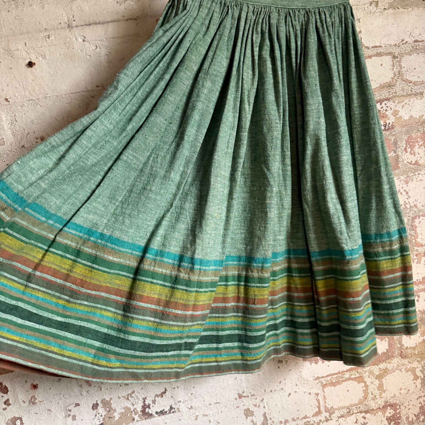 1970s Green Heavy Linen Stripe Gathered Skirt