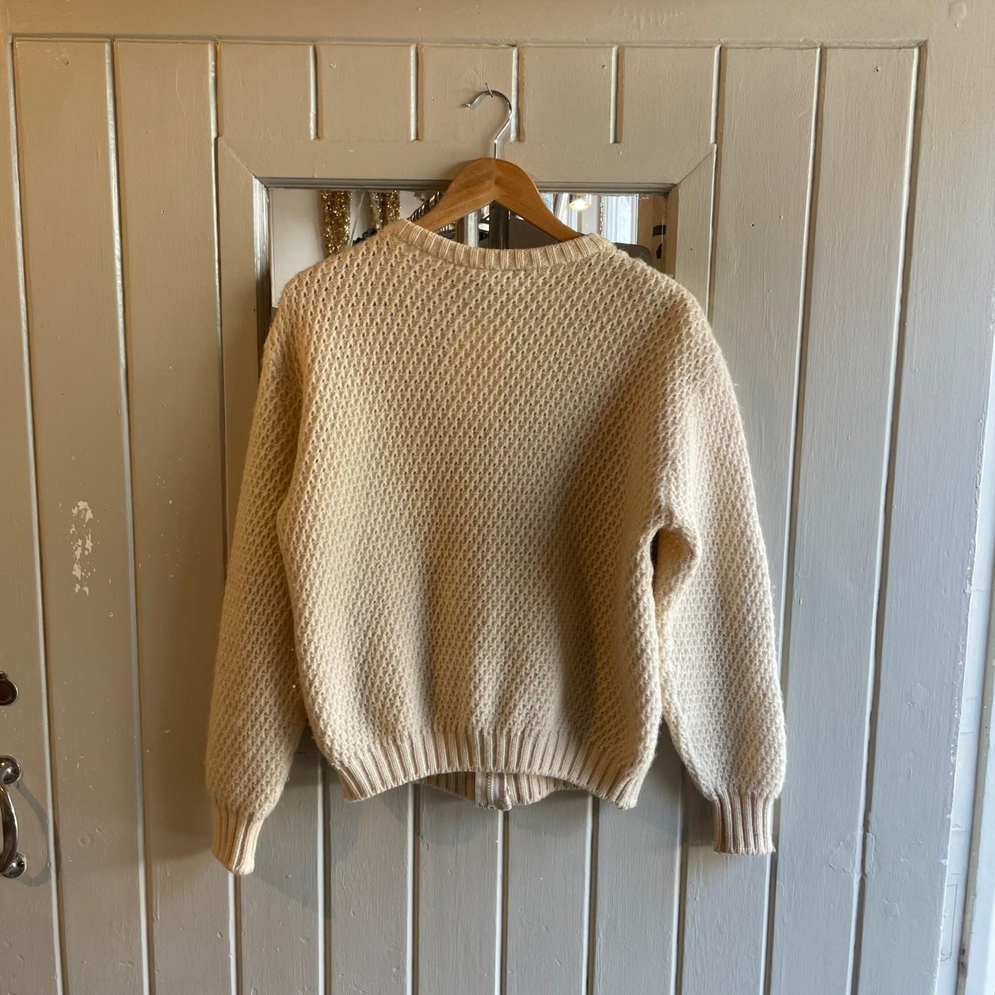 1980s Cream Wool Arran Knitted Zip Cardigan Jumper