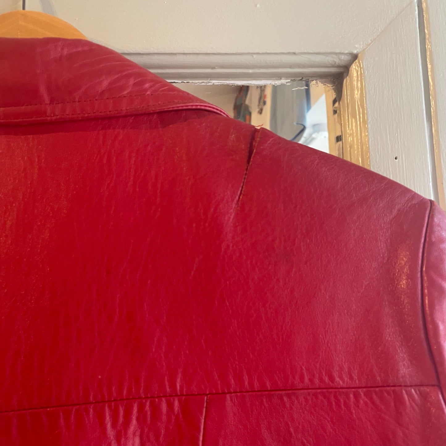 1970s Red Leather Button Long Jacket