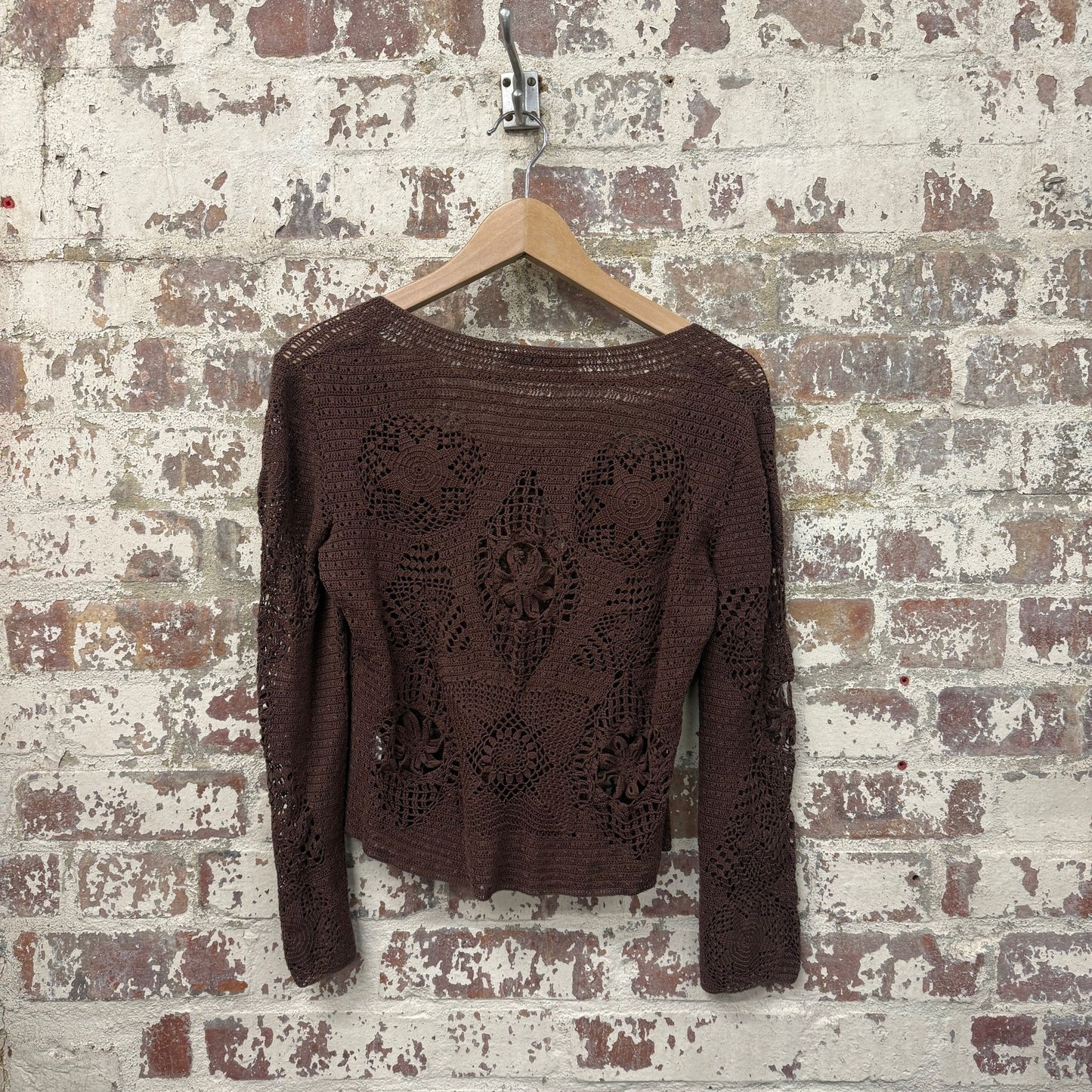 1990s Brown Knitted Crochet Blouse Jumper