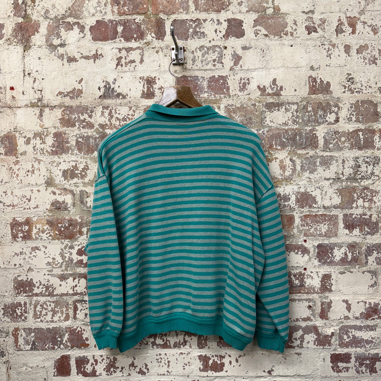 1980s Turquoise Striped Graphic Collared Sweatshirt