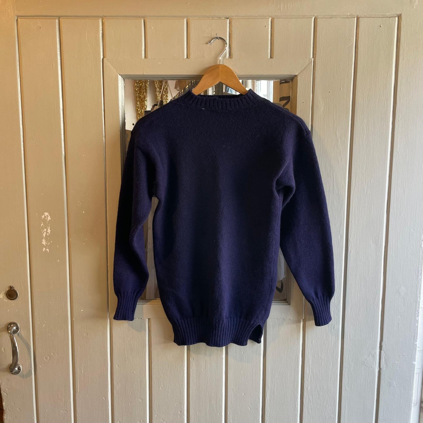 1970s , 80s Navy Wool Fisherman Patterned Guernsey Jumper