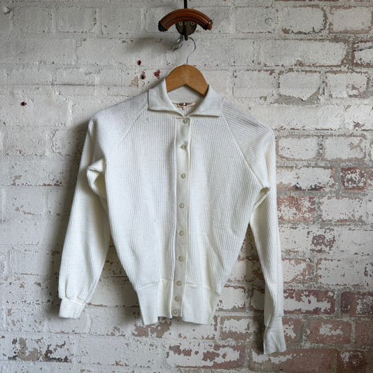 1950s White Knitted Button up Cardigan Jumper