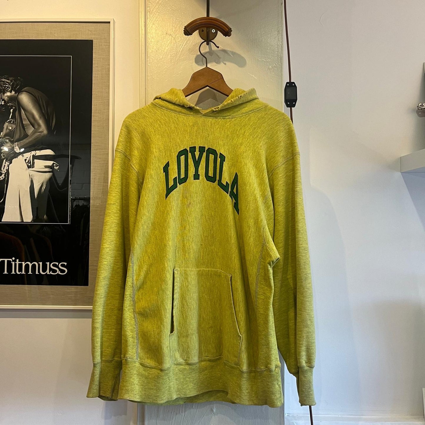 1980s Unusual Lime Champion Reverse Weave Graphic Hoodie Jumper