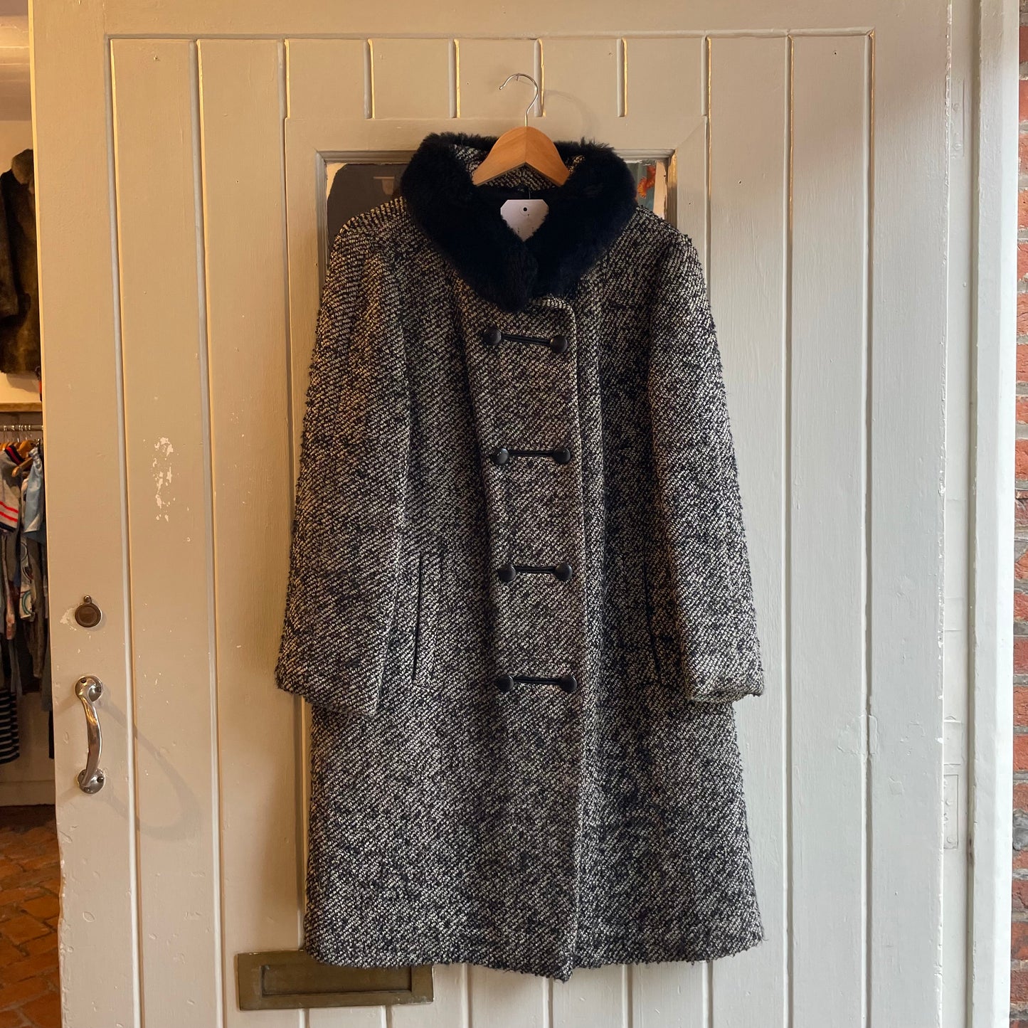 1960s Black and White Wool Long Double Breasted Coat