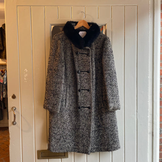 1960s Black and White Wool Long Double Breasted Coat