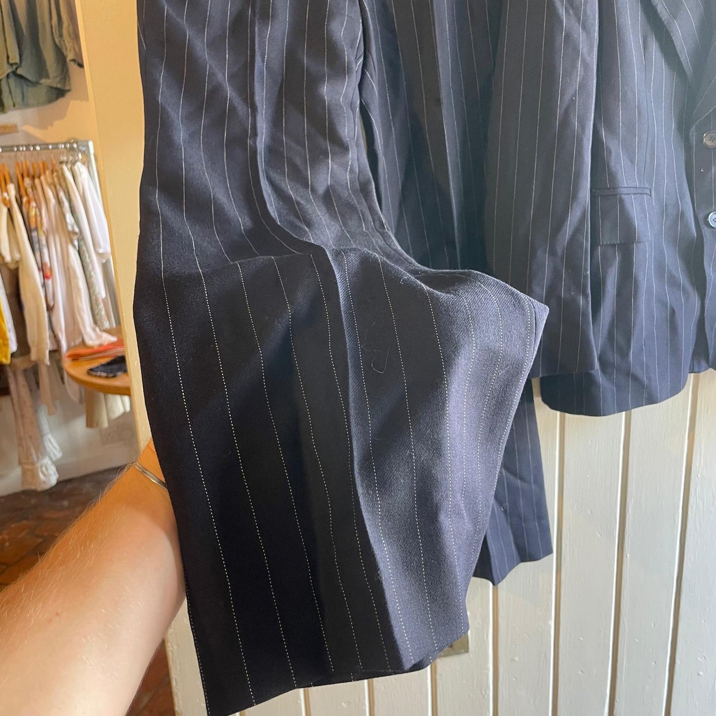 Vintage 70s/80s Navy Wool Button Pin Stripe Two Piece Suit