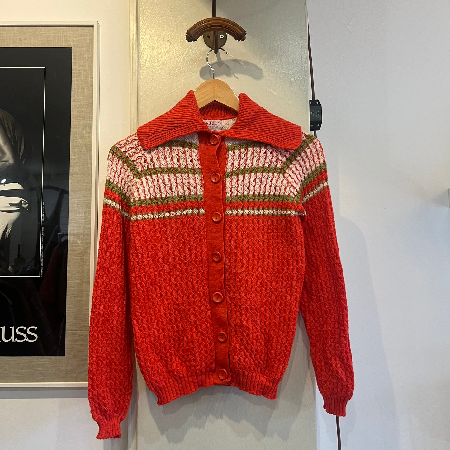 1960s Orange Knitted Wool Patterned Cardigan Jumper