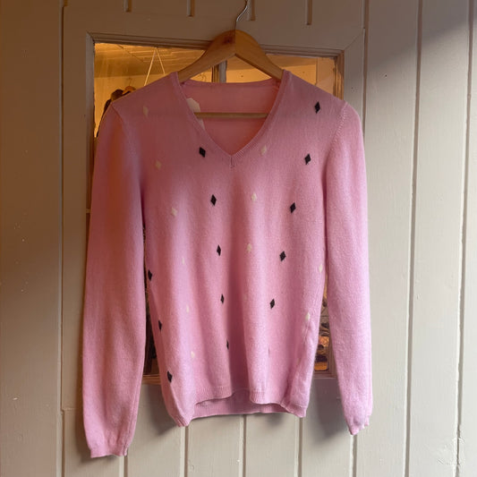 1980s Pink Cashmere Knitted Argyle V-Neck Jumper