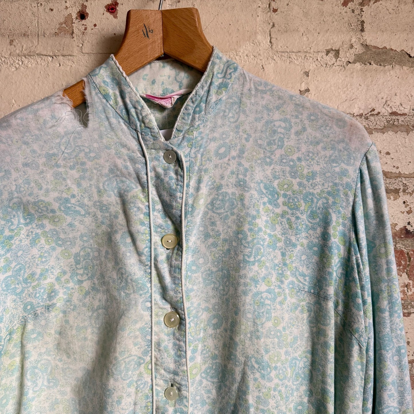 1950s Blue Floral Cotton Distressed Blouse Shirt