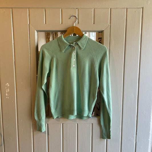 1960s Mint Green Wool Knitted Collared Button Polo Shirt Cardigan