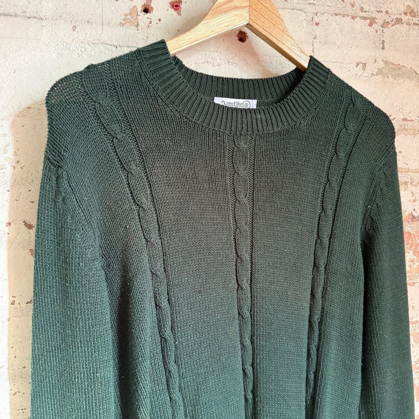 1980s Dark Green Navy Wool cable Knitted Jumper