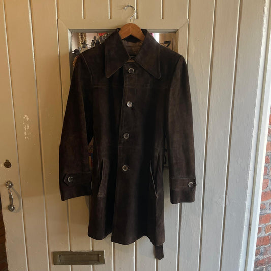 Vintage 70s Brown Suede Leather Dagger Collar Jacket Coat