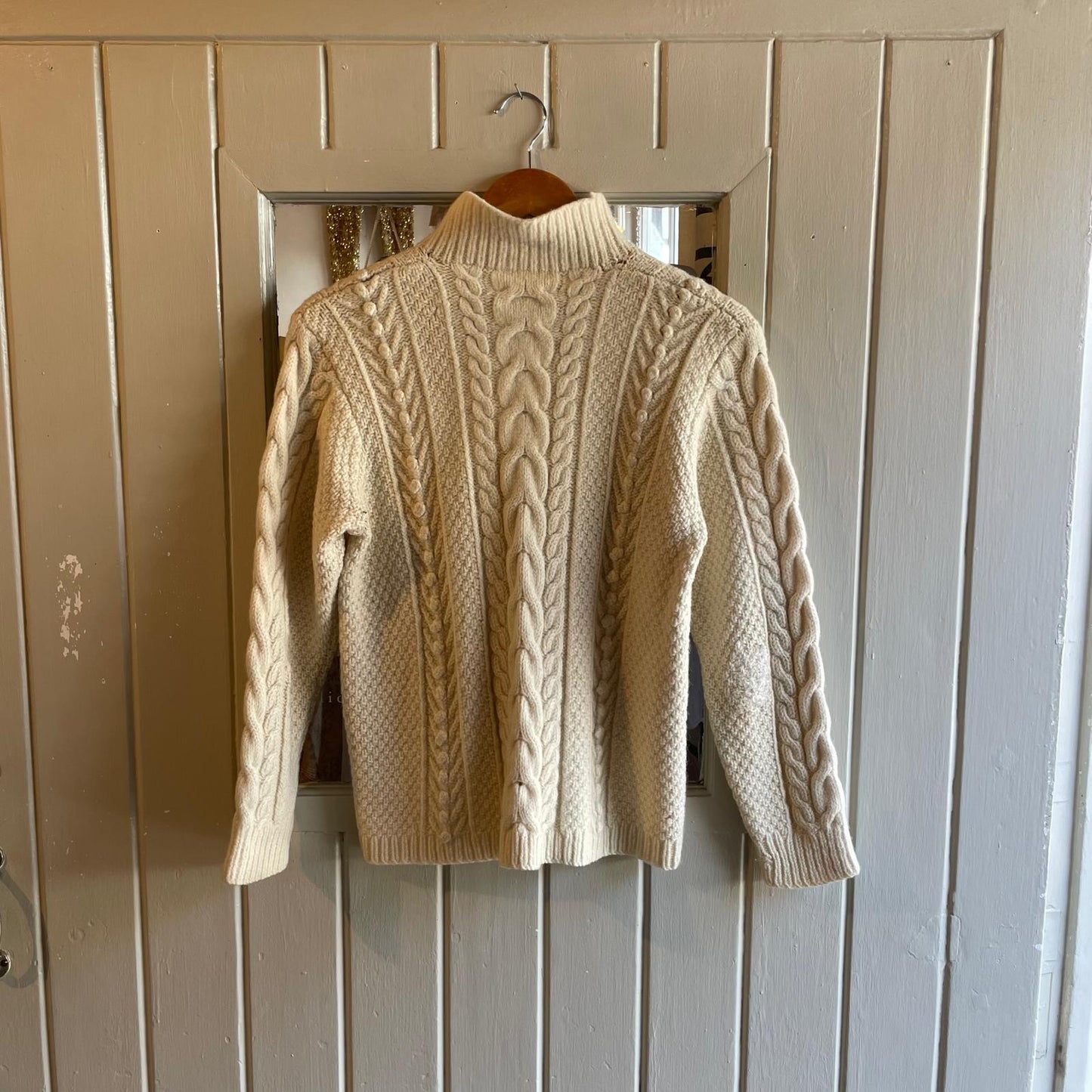 1980s Cream Wool Mock Neck Knitted Arran Jumper
