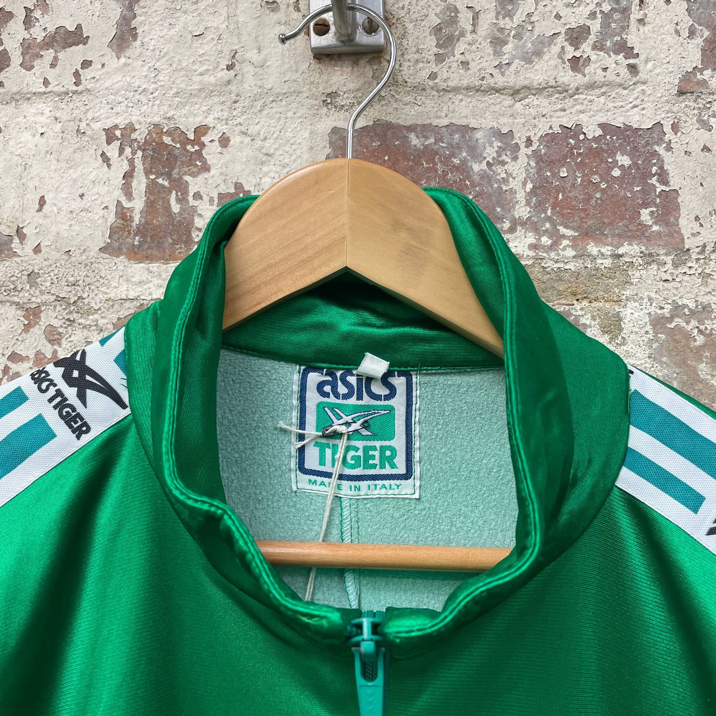 Vintage 1980s 1990s Green Asics tape Logo Track Top Jacket
