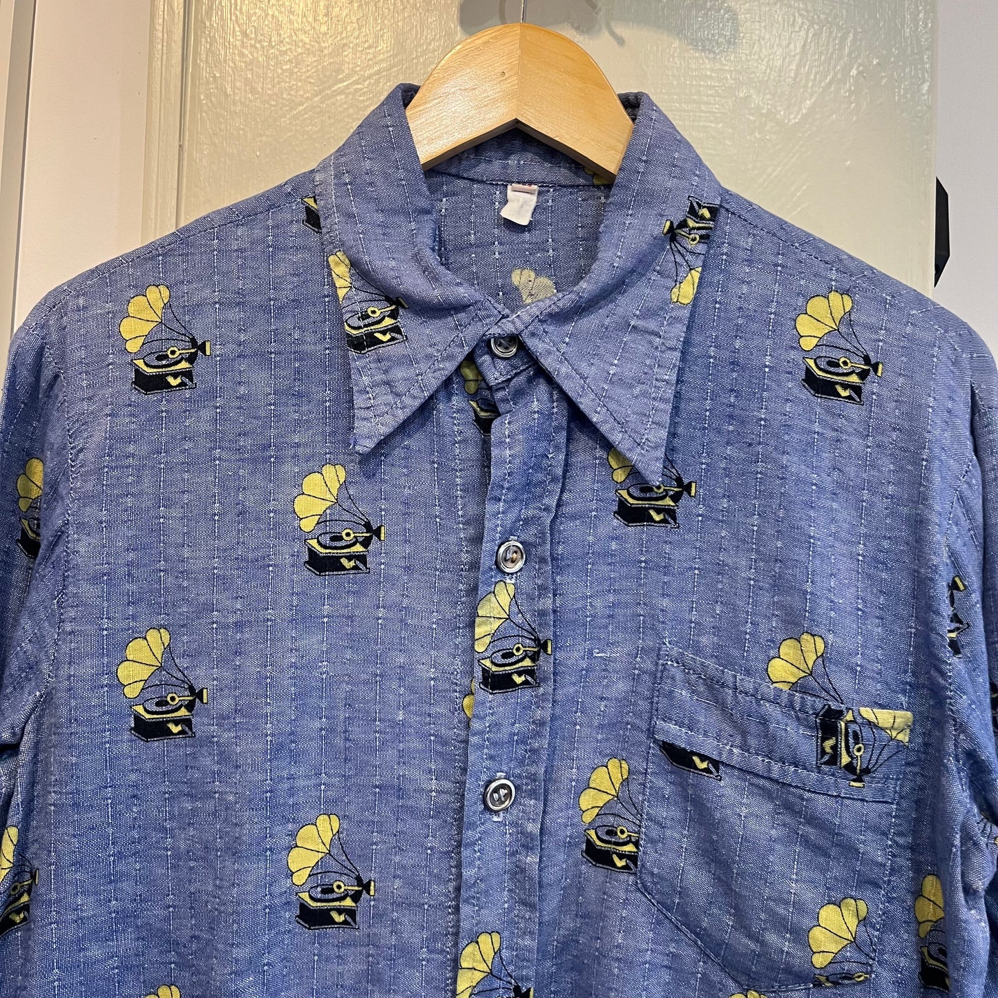1970s Light Blue Patterned Button Up Shirt
