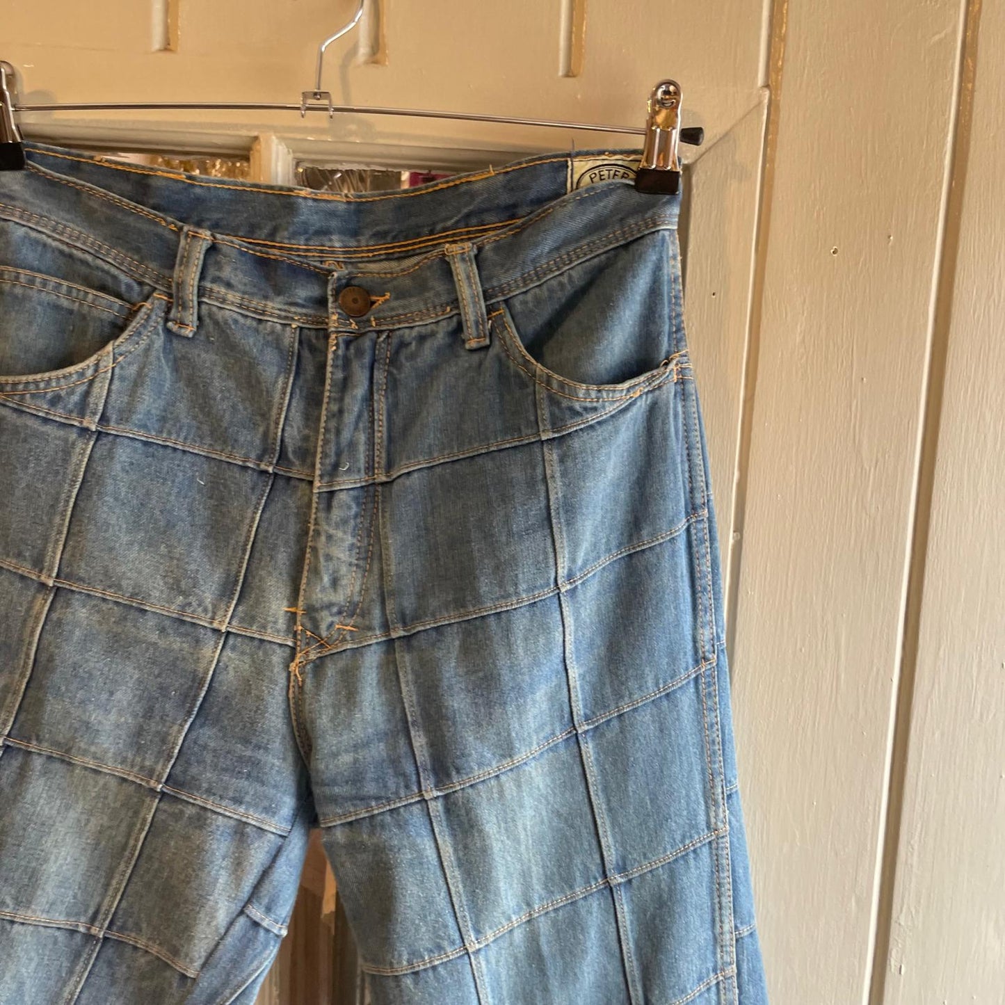 Vintage 70s/80s Blue Denim Patchwork Panel Jeans Flares