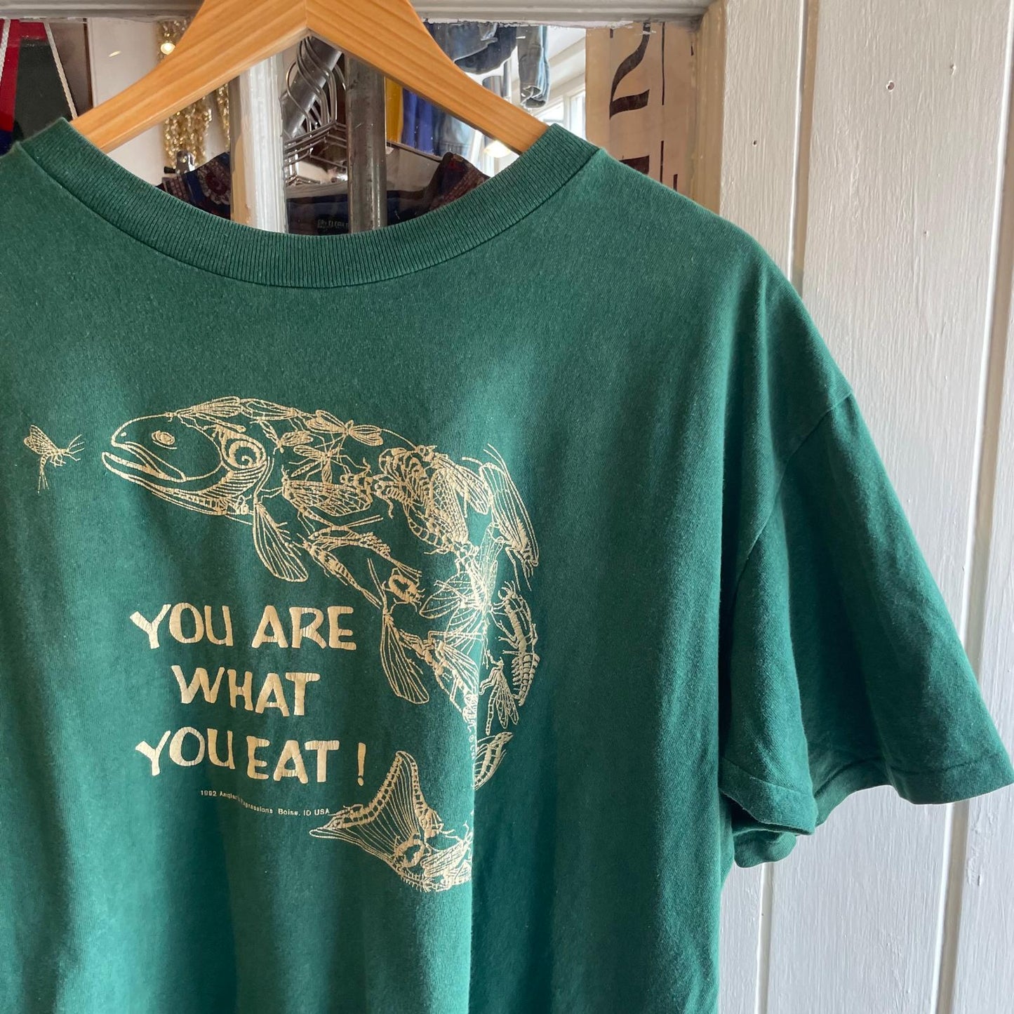 1990s Dark Green Fish Menu Graphic T-shirt