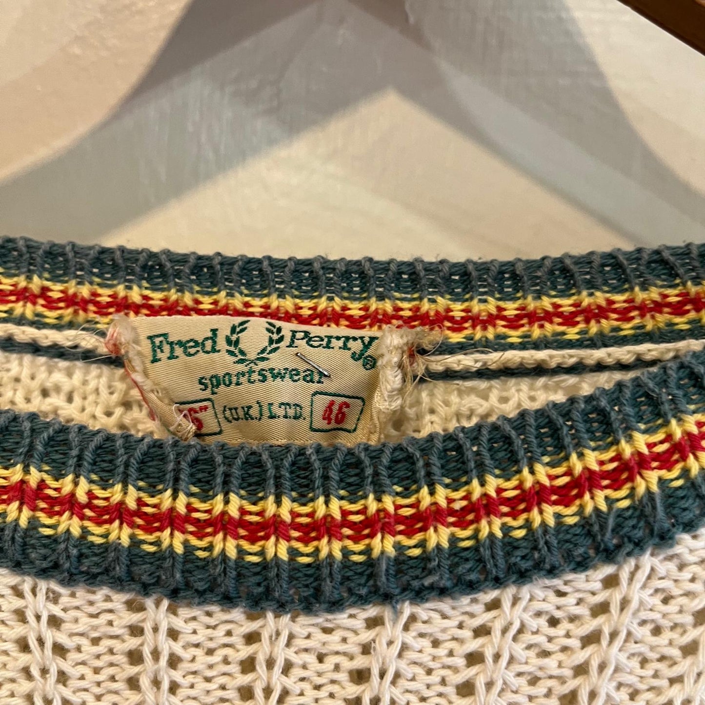 1970s 1980s Cream Fred Perry Knitted Jumper with Detailed Neck