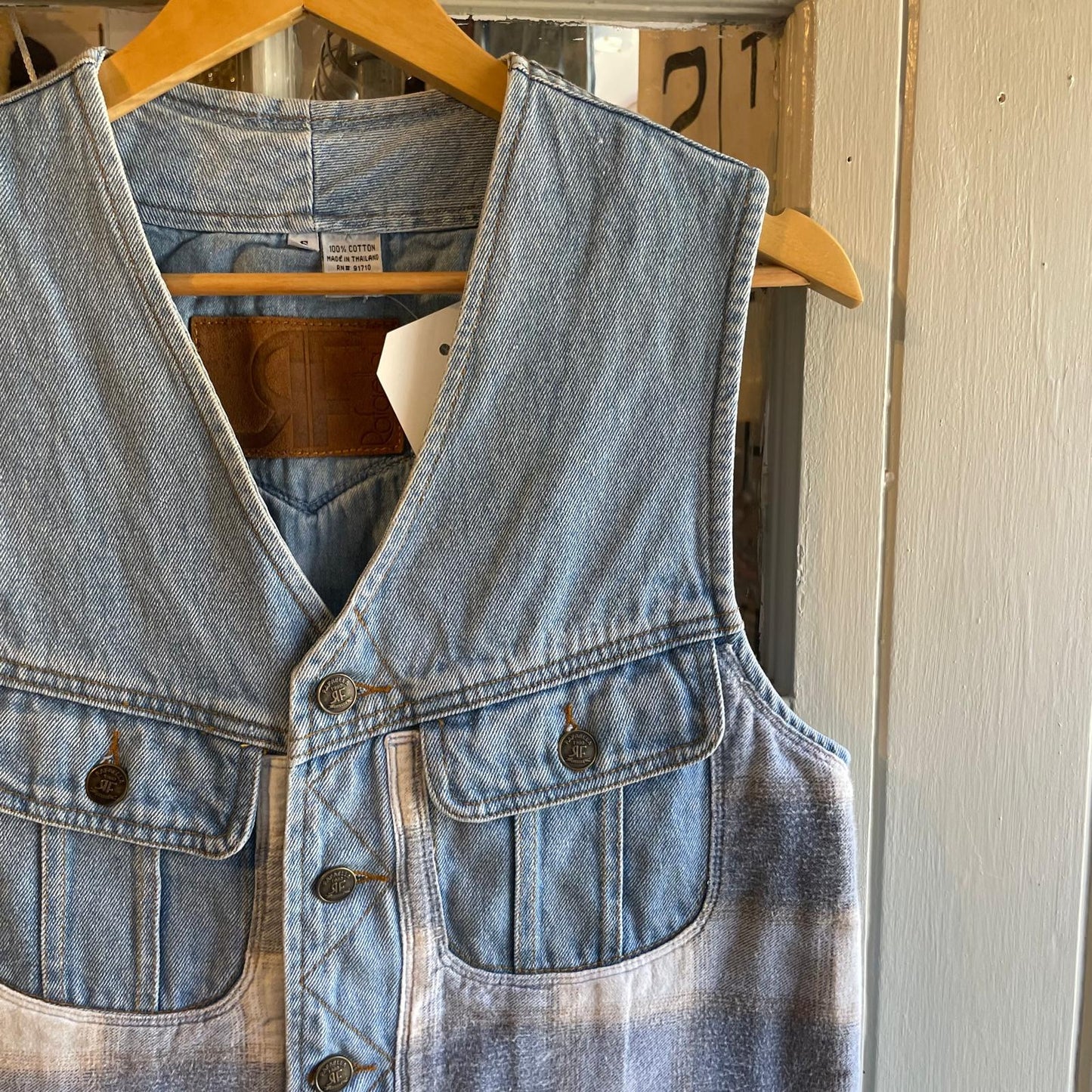1980s Light Blue Denim Checkered Gilet Vest