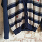 1980s Navy and Beige Striped Cardigan Jumper