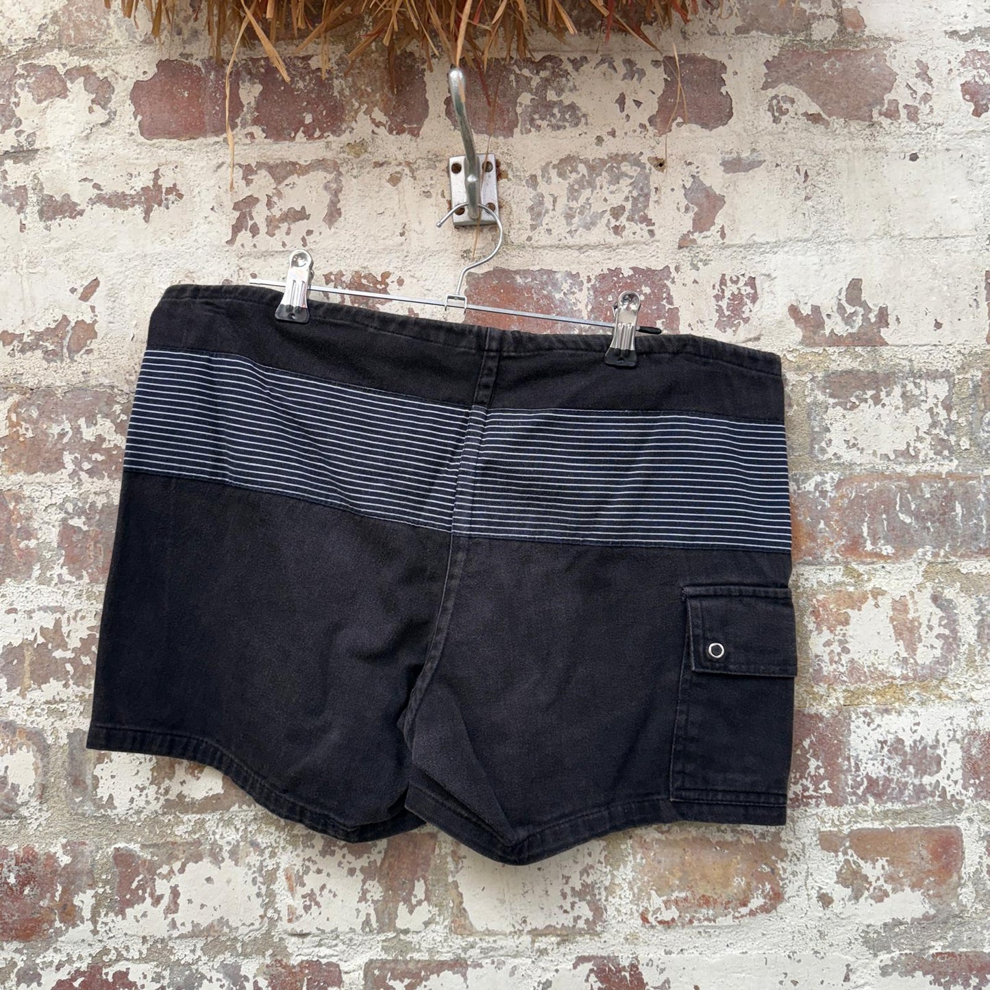 1980s Black Striped Board Shorts