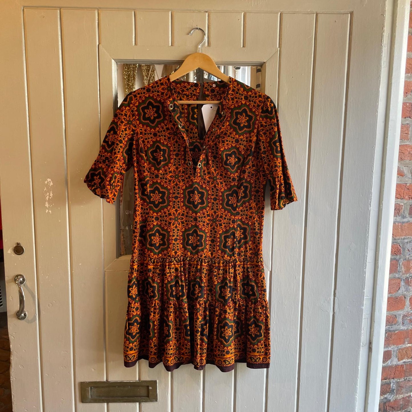 1970s Orange Floral Print Mid Length Dress