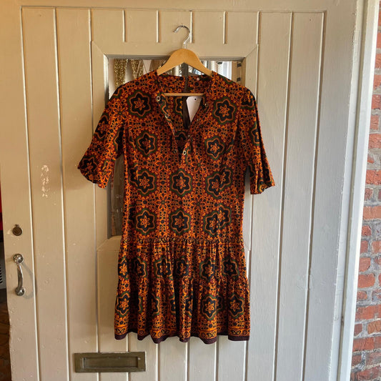 1970s Orange Floral Print Mid Length Dress