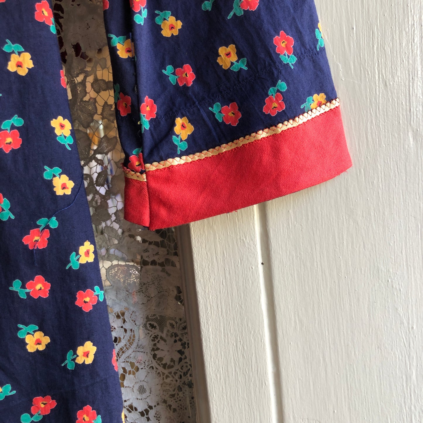 1970s Navy Floral Print Bell Sleeve Blouse