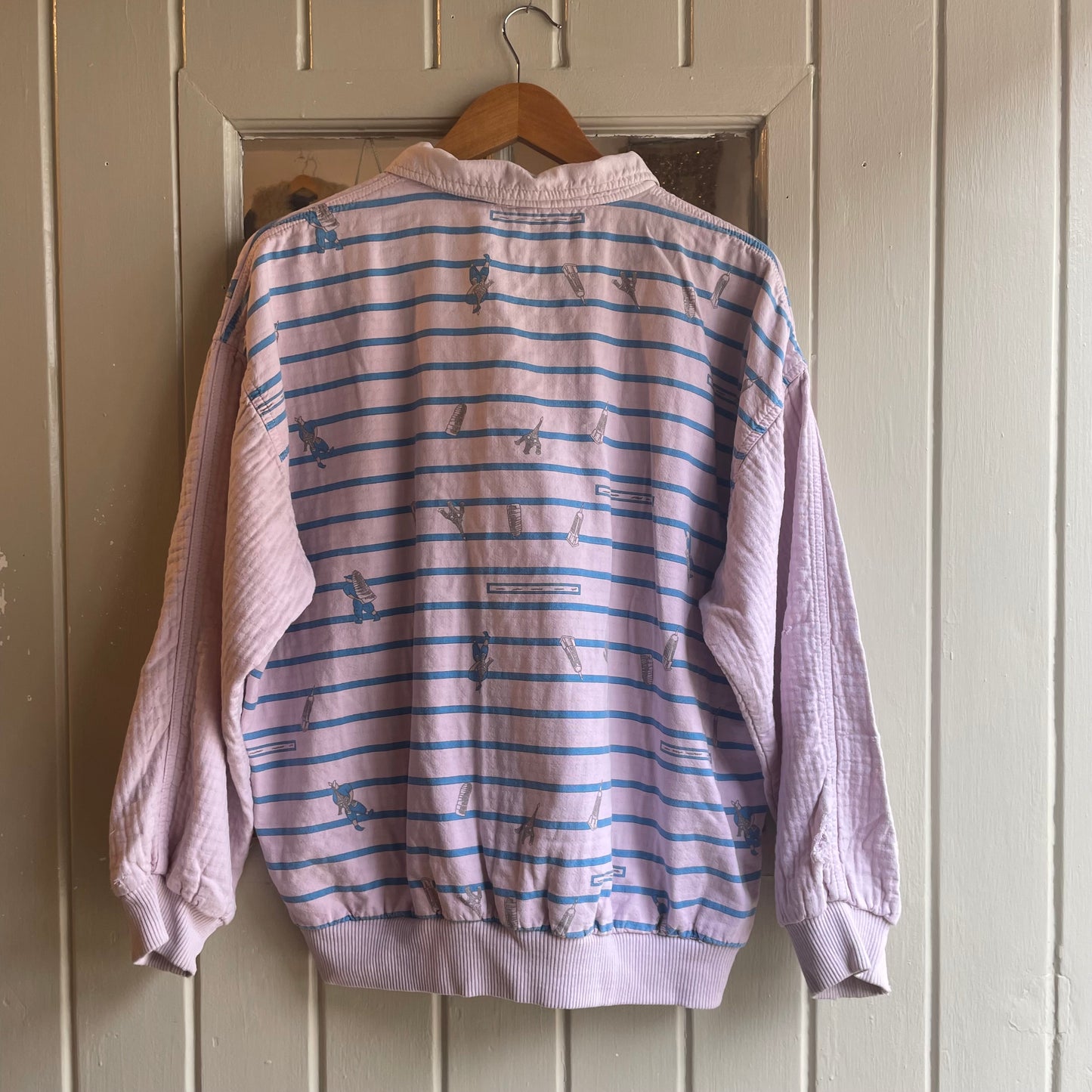 1980s Pink Stripe 1/4 Zip Detail Design Sweatshirt Jumper