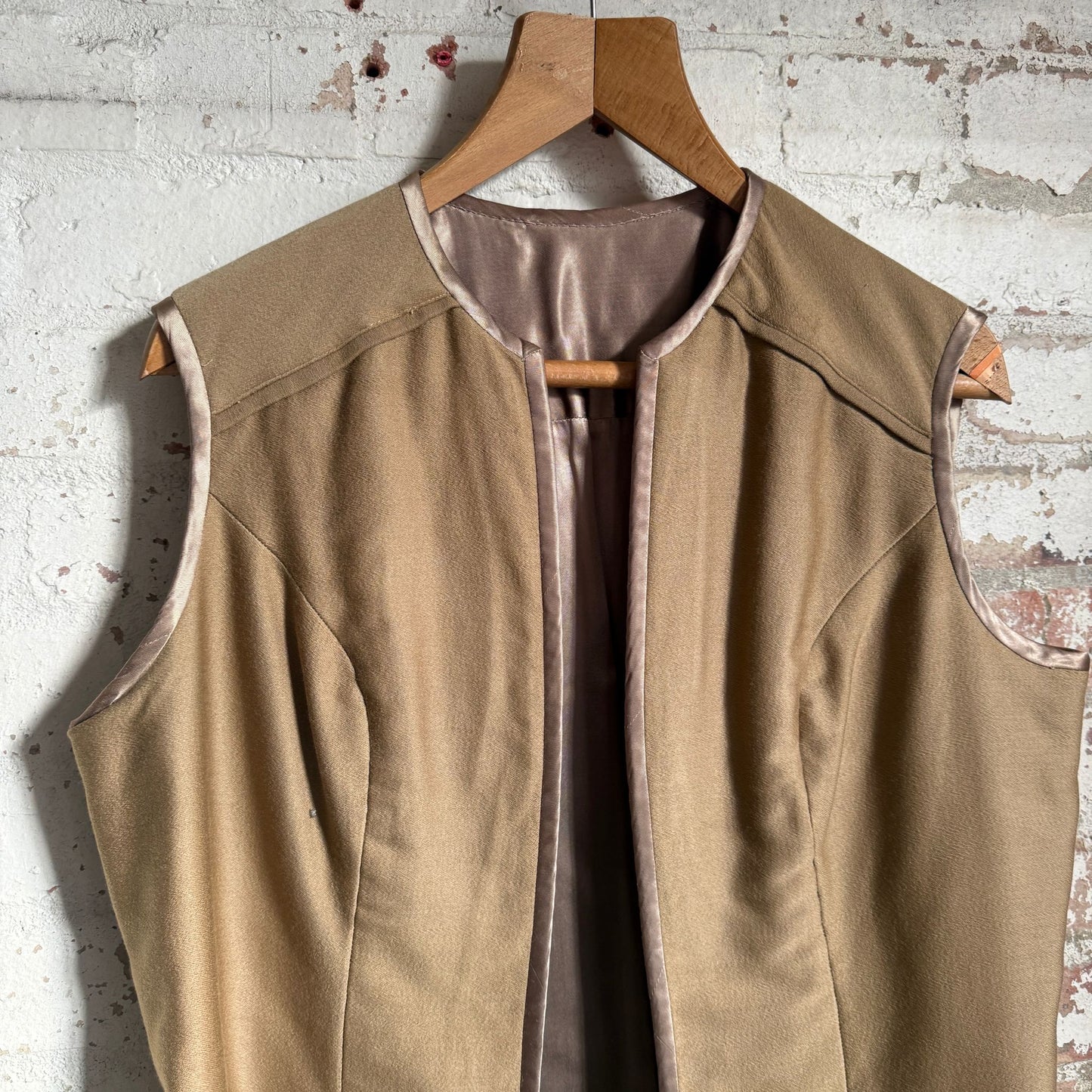 1950s Beige Satin Wool Liner Vest Gilet