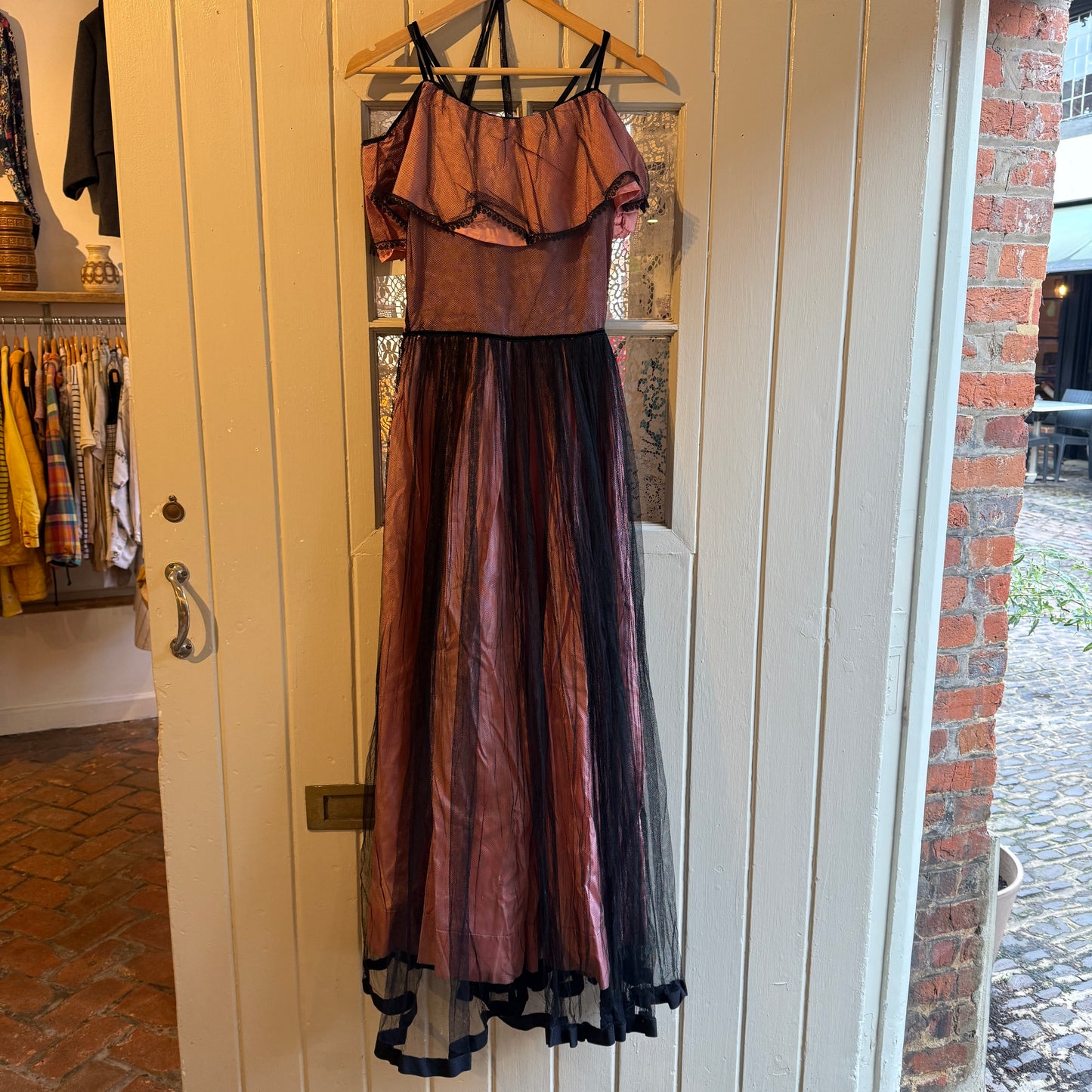 1930s 1940s Pink Netting Evening Dress with bag