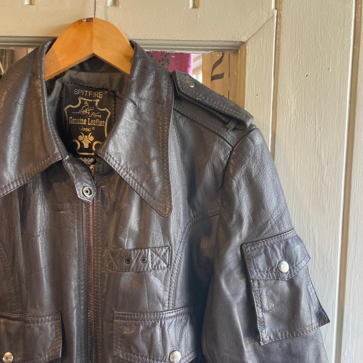 Vintage 70s/80s Black Dagger Collar Zip Leather Jacket