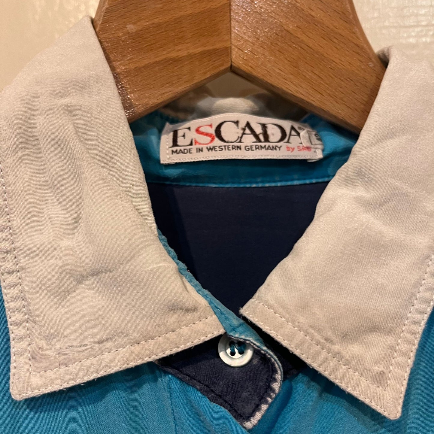 1970s Escada Blue Silk Button Up Shirt