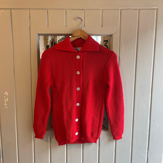 1960s Red Collared Knitted British Jumper Cardigan