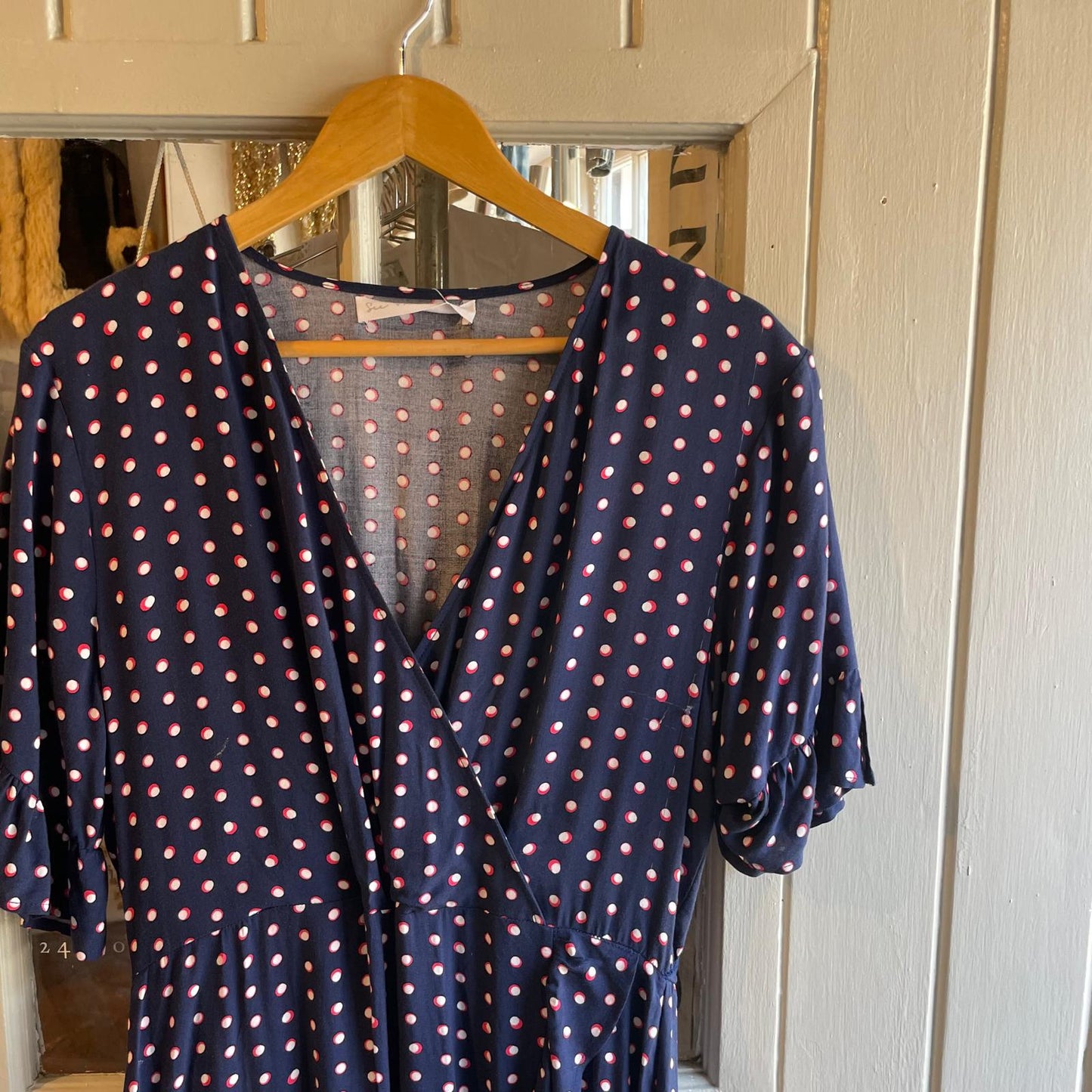 Navy Polka Dot Silk Belted Dress