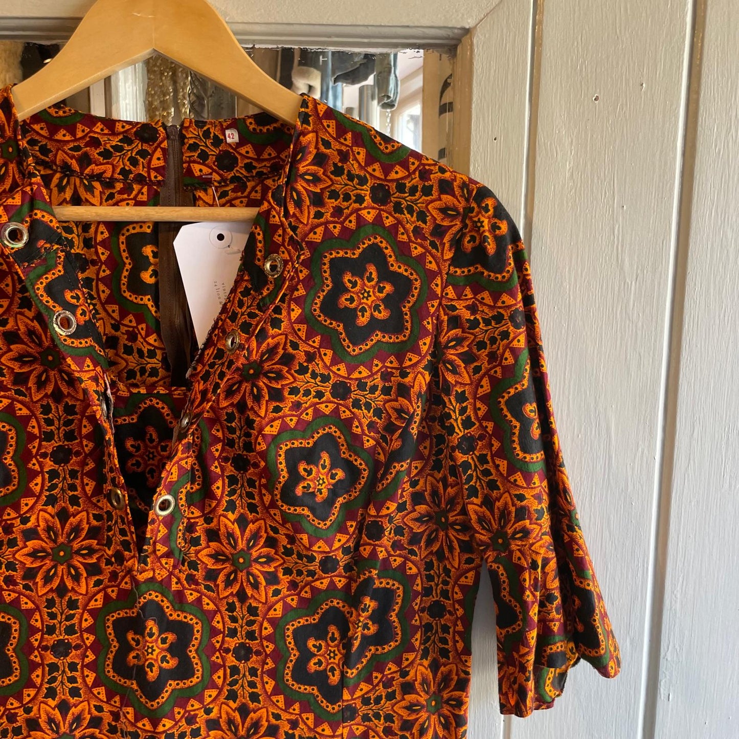 1970s Orange Floral Print Mid Length Dress
