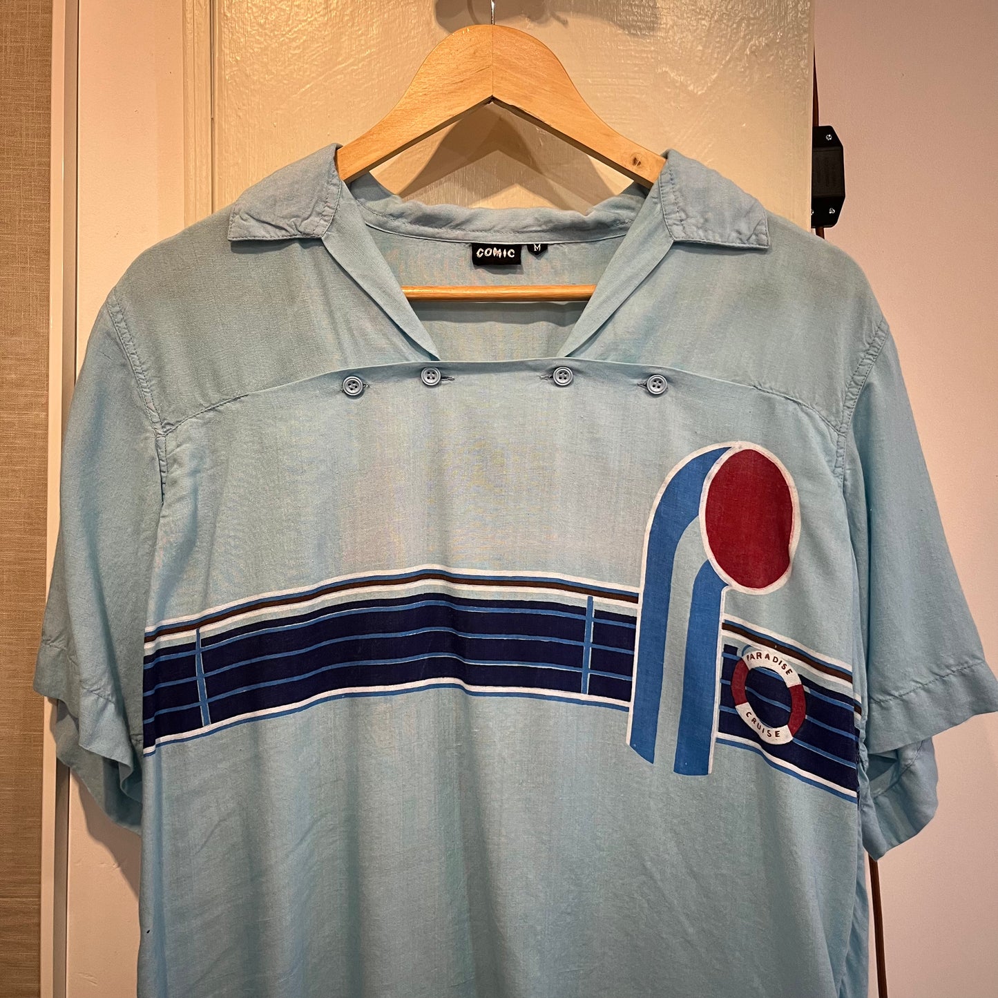 1970s Blue Linen Graphic Detail Button Shirt