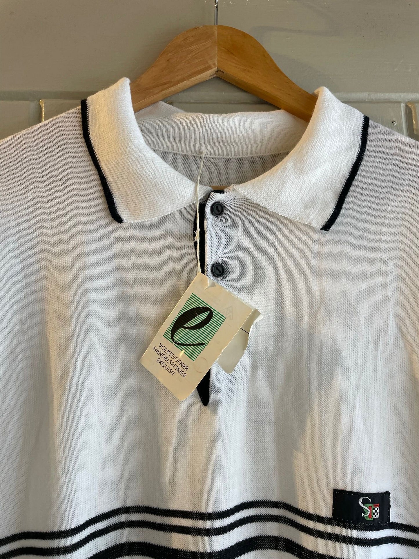 1970s White Italian Dead Stock Knitted Polo Shirt Top