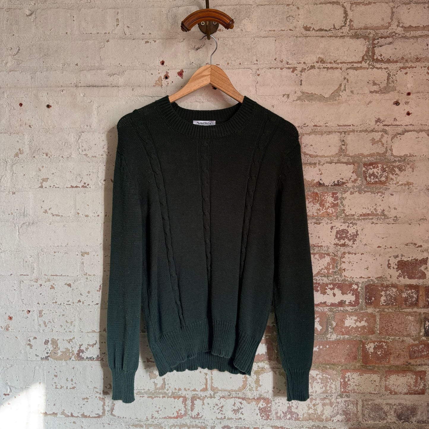 1980s Dark Green Navy Wool cable Knitted Jumper