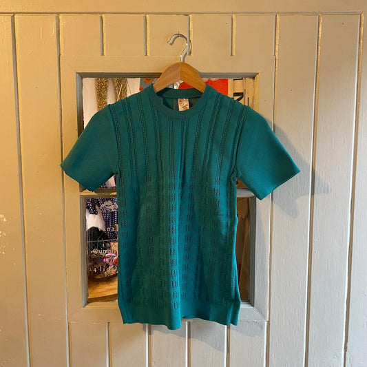 1970s Turquoise Green Short Sleeved Knitted Jumper