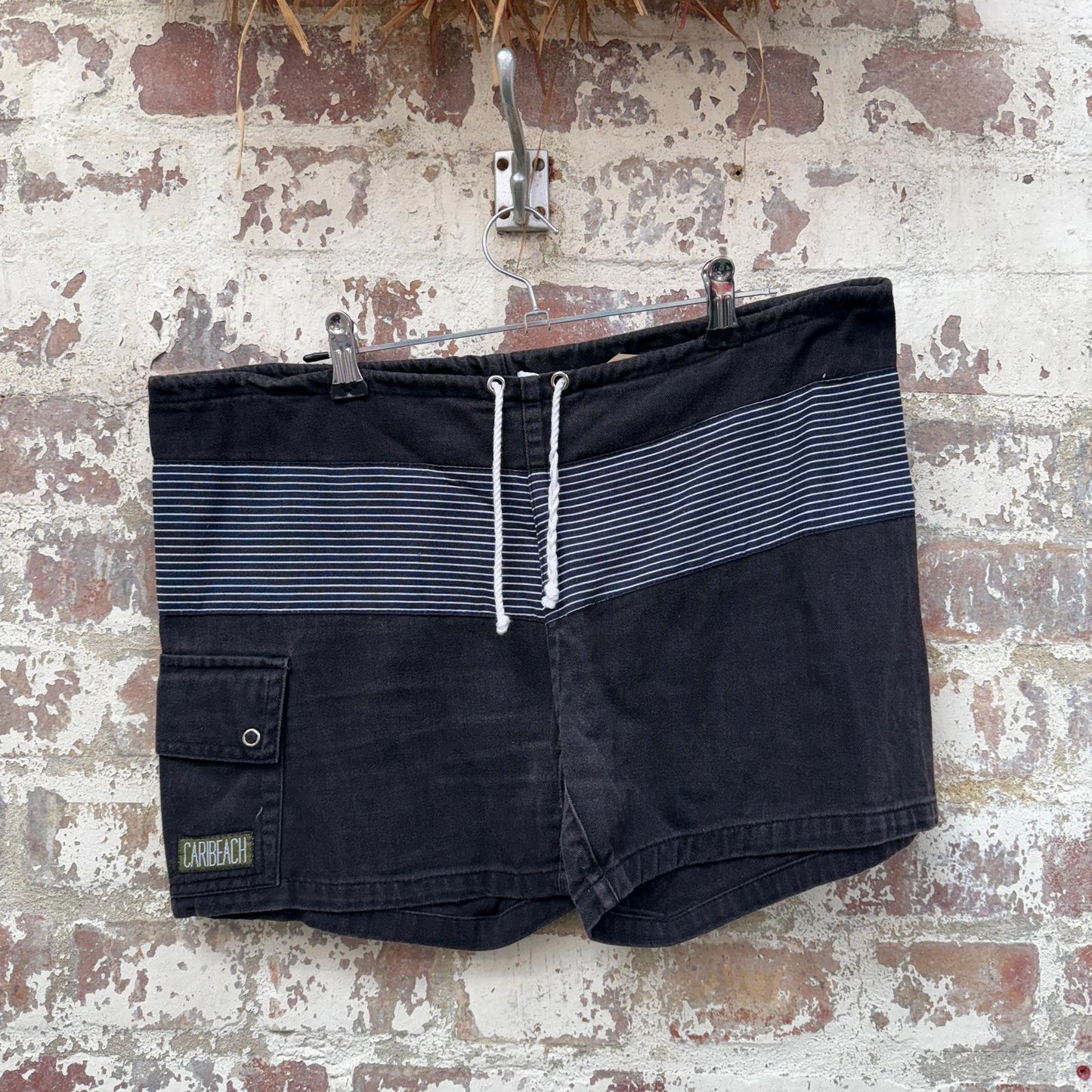 1980s Black Striped Board Shorts