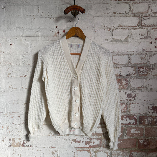 1960s White Cable Knitted Cable Cardigan Jumper
