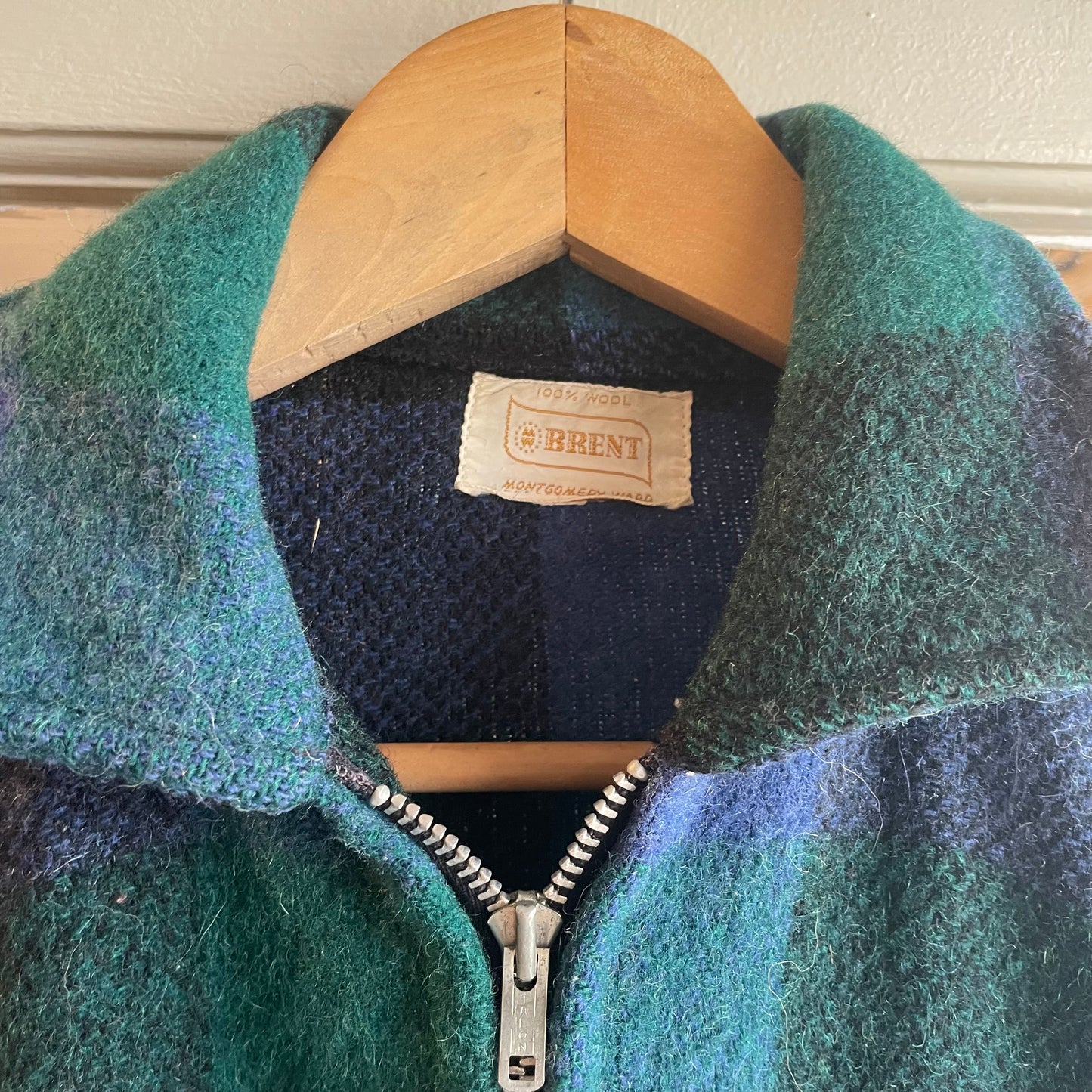 1940s Turquoise Wool Checkered Zip Jacket
