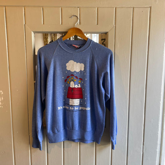 1970s Blue Raglan Snoopy Graphic Sweatshirt Jumper