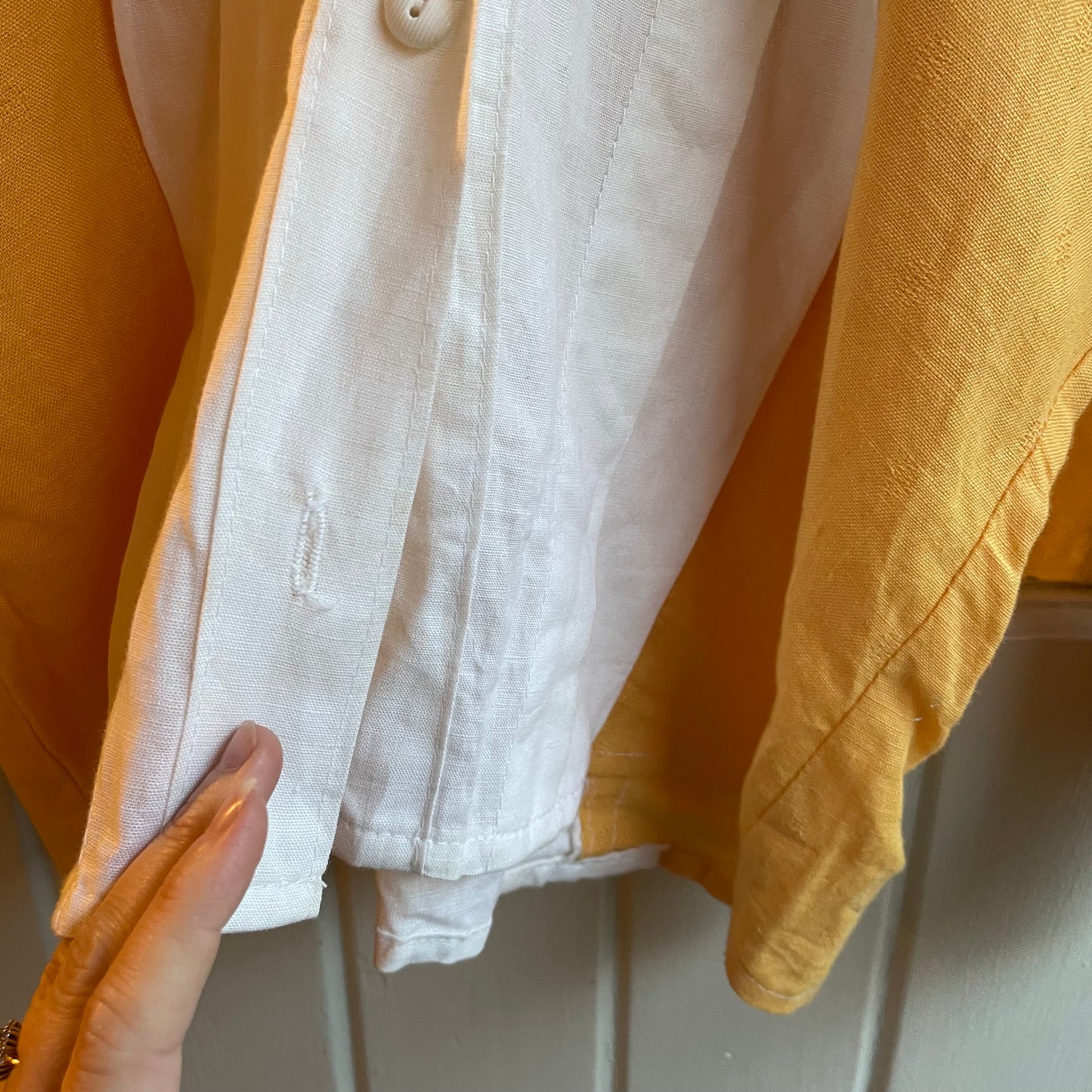 1980s White and Yellow Linen Button Blouse