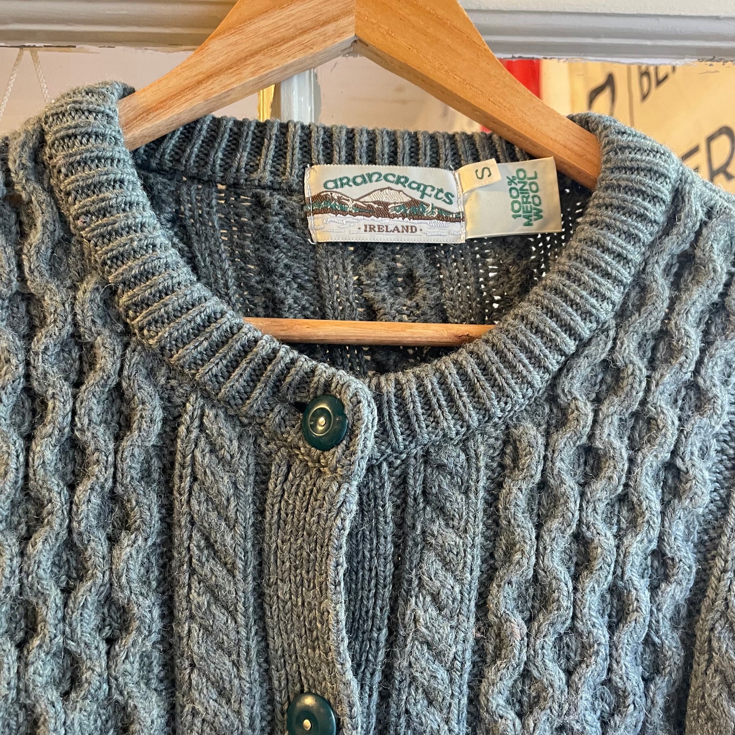 1980s Khaki Green Wool Arran Knitted Cardigan Jumper