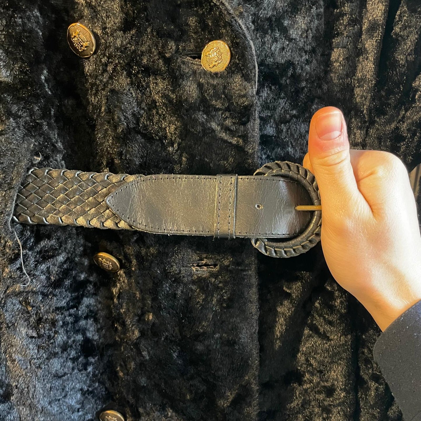 1970s Black Faux Fur Teddy Belted Coat Jacket
