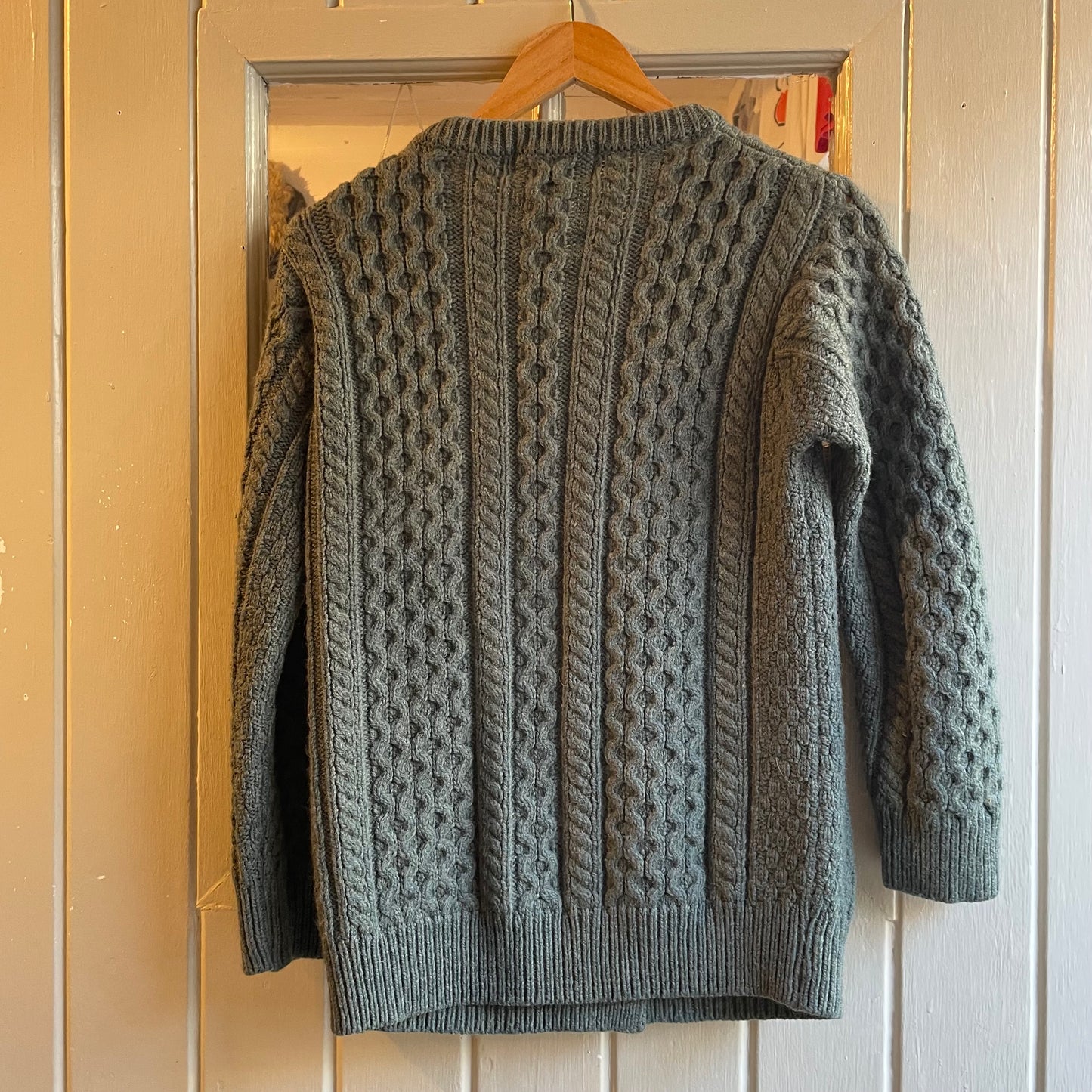 1980s Khaki Green Wool Arran Knitted Cardigan Jumper